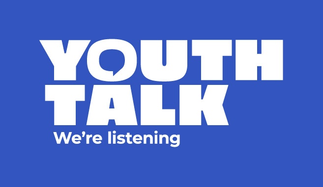 White Youth Talk logo on a blue background with the tag line 'We're listening'